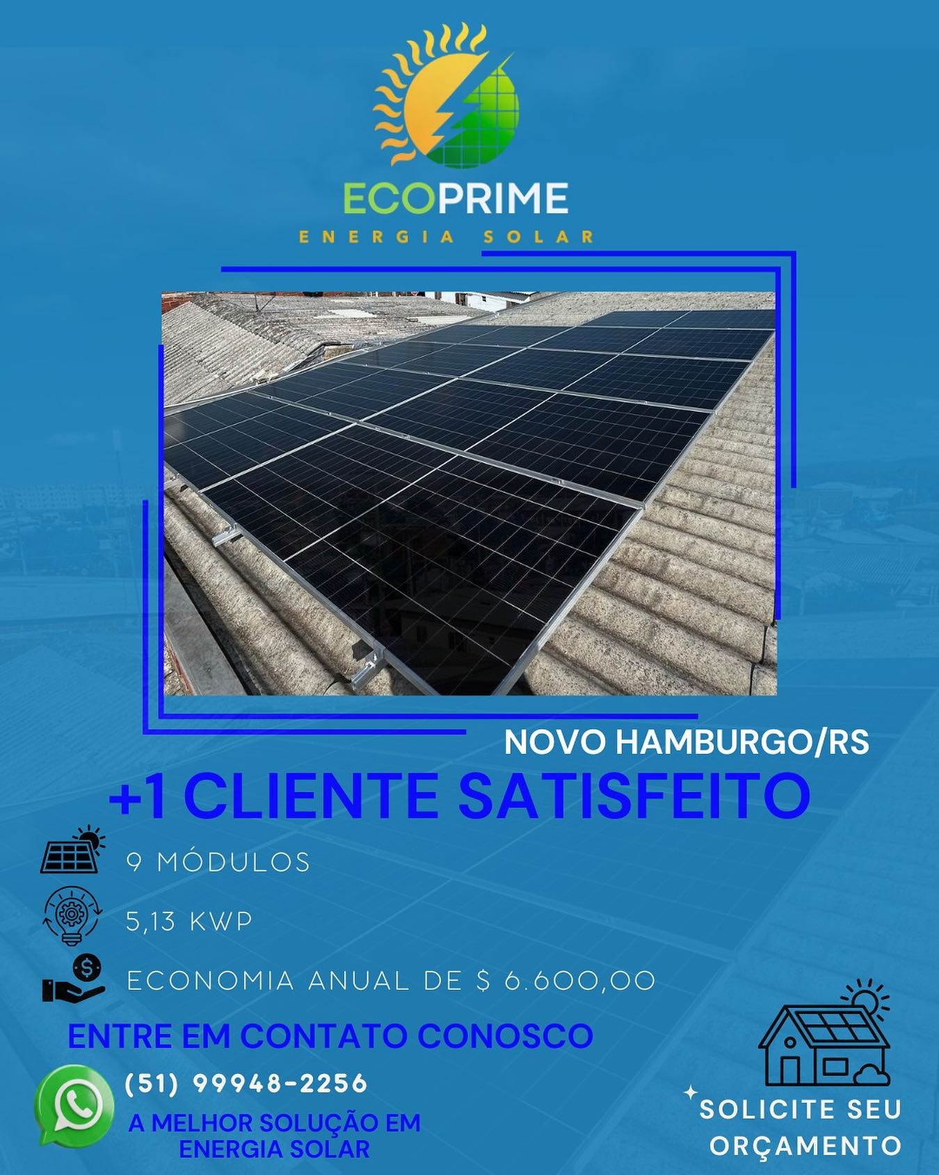 Instalação solar de 9 módulos e 5,13 kWp em Novo Hamburgo/RS