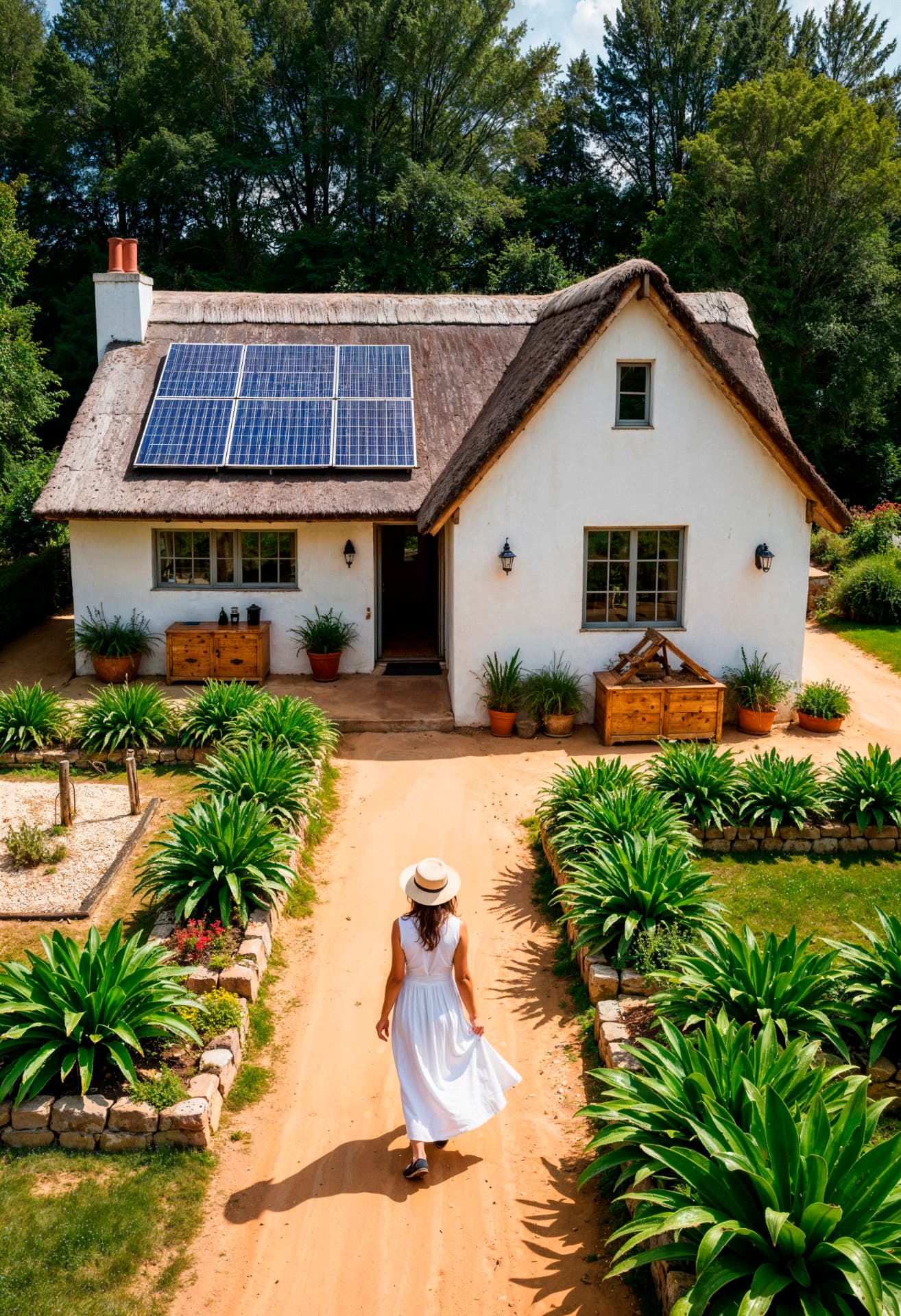 Casa com telhado de palha e painéis solares, cercada por jardim verde e natureza