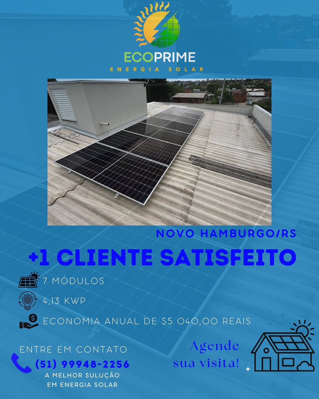 Instalação solar de 7 módulos e 4,13 kWp em Novo Hamburgo/RS