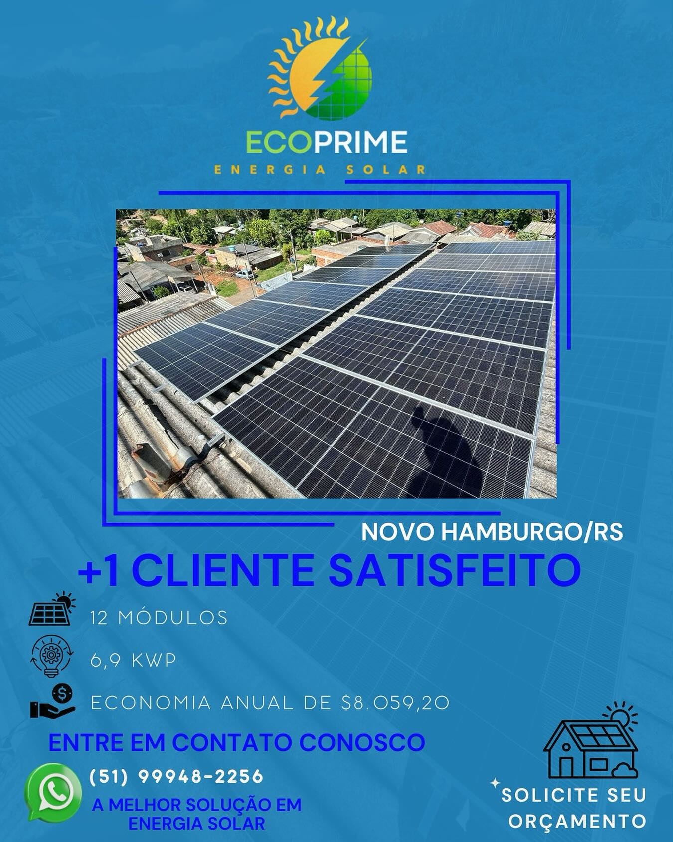 Instalação solar de 12 módulos e 6,9 kWp em Novo Hamburgo/RS