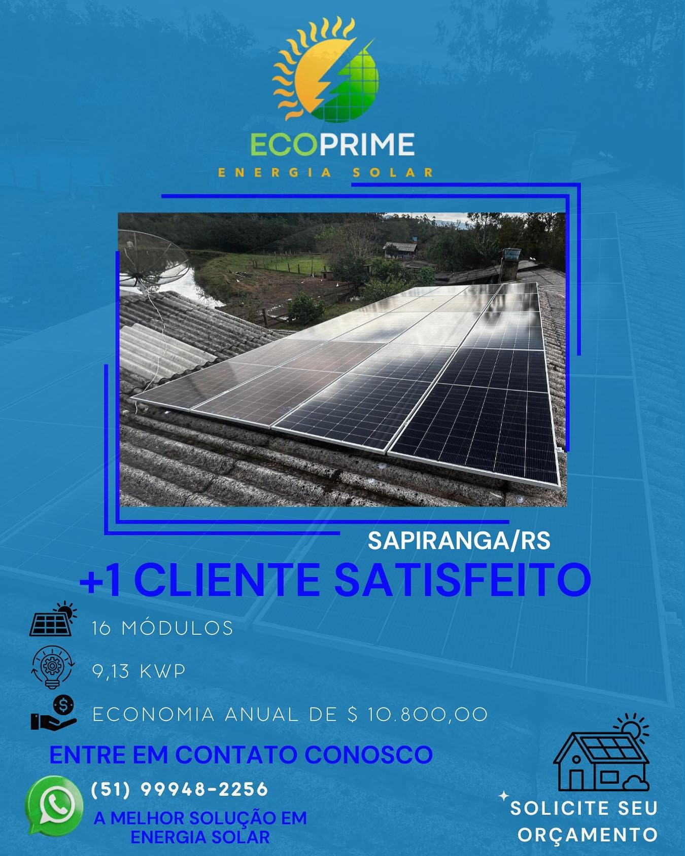 Instalação solar de 16 módulos e 9,13 kWp em Sapiranga/RS