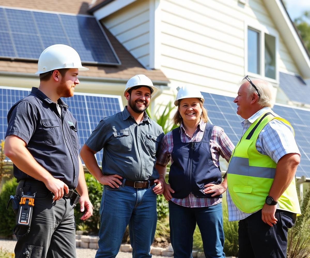 Equipe da EcoPrime conversando com clientes em frente a uma casa com painéis solares