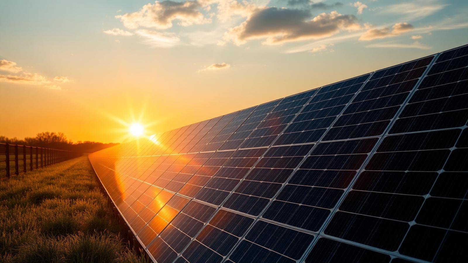 Painéis solares em um campo aberto ao pôr do sol
