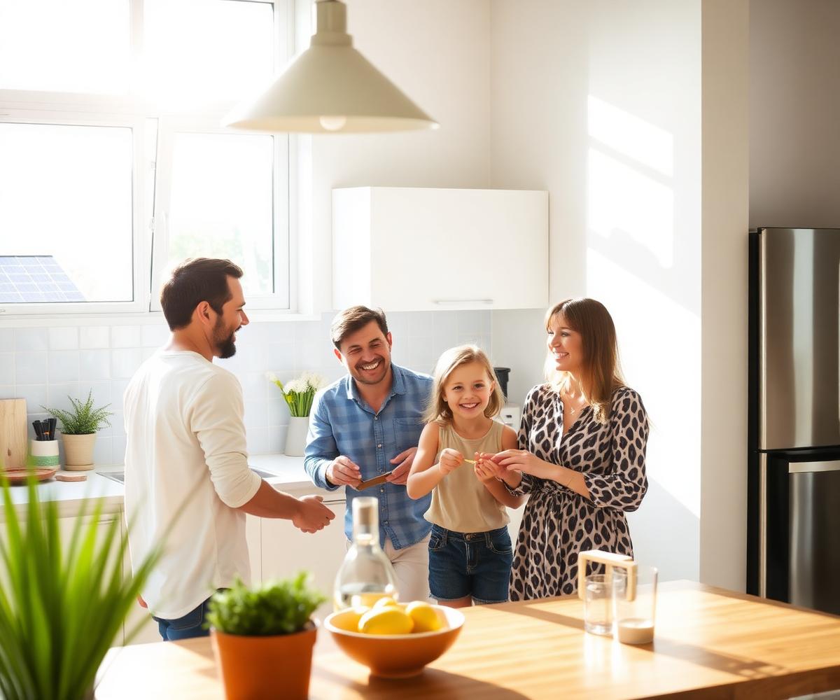 Família em uma cozinha iluminada de uma casa que utiliza energia solar